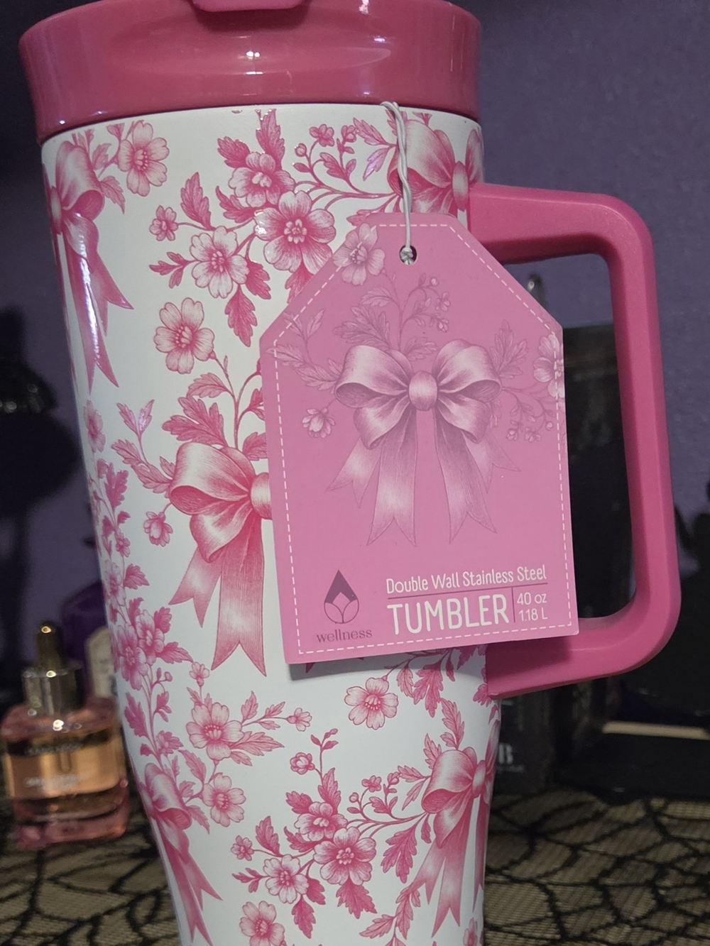 Wellness Pink Floral Double-Wall Stainless Steel Tumbler with Handle - 40 oz